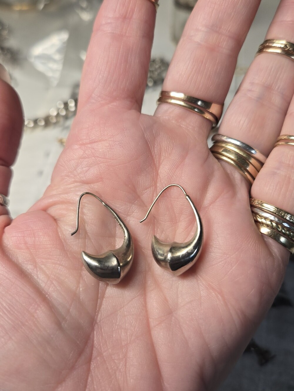 Curved Silver Drop Hoop Earrings - Polished Silver